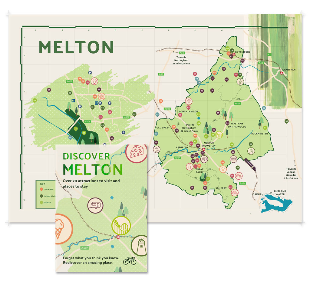 Printed map for Melton Borough Council to highlight visitor and tourism attractions as well as detail accommodation across the Borough.