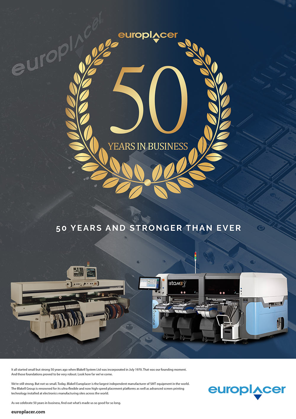 Europlacer 50 years in business advertisement